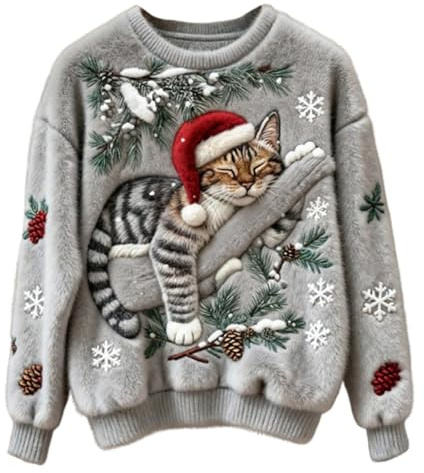 Generisch Weihnachtspullover Damen Katze Print Flanell Sweatshirt Xmas Neuheit Niedlich Rundhals Pullover Tops Urlaub Bequem Festliche Kleidung Winter Casual Mode Weich Warm Pullover