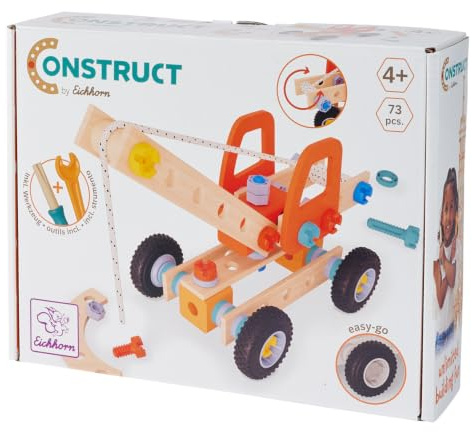 Eichhorn Construct Kranwagen - 72-teiliges Konstruktionsspielzeug mit drehbaren Rädern und beweglichem Kranarm zur Förderung von Technikverständnis und Motorik, FSC-zertifiziertes Holz, ab 3 Jahren