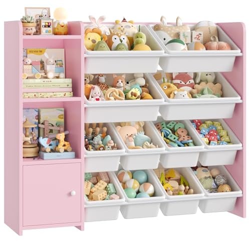 FOREHILL Meuble Rangement Enfant Bibliothèque Enfant Boîtes Amovibles Rose | Rangement jouet enfants livres, Bibliothèque enfant 4 étagères, 112,5x30x100cm, Étagère à jouets salle de jeu, salon, crèche