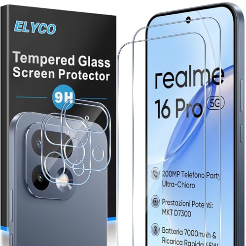 ELYCO Cristal Templado para Realme 16 Pro 5G, 2+2 Piezas | 2 Piezas Protector de Pantalla + 2 Piezas Protector de Lente Cámara, 9H Dureza Anti-Rasguños, HD Vidrio Templado