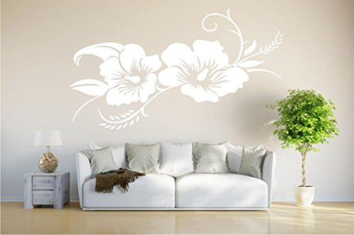 INDIGOS UG - Wandtattoo Wohnzimmer - Wandaufkleber Hibiskusblüte - Hibiskus - 120cm x 64cm - weiß - Aufkleber Kinderzimmer Schlafzimmer Küche Badezimmer Büro Dekoration