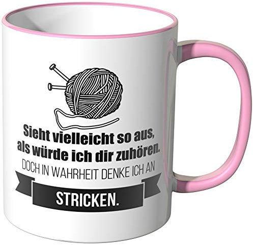 JUNIWORDS Tasse - Ich denke an Stricken - Wähle Motiv & Farbe - Rosa