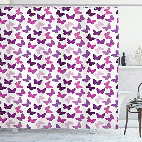 ABAKUHAUS Schmetterling Duschvorhang, Schmetterling Geschnitzte Flügel, Stoffliches Gewebe Badezimmerdekorationsset mit Haken, 175 x 180 cm, Lila Lila Rosa
