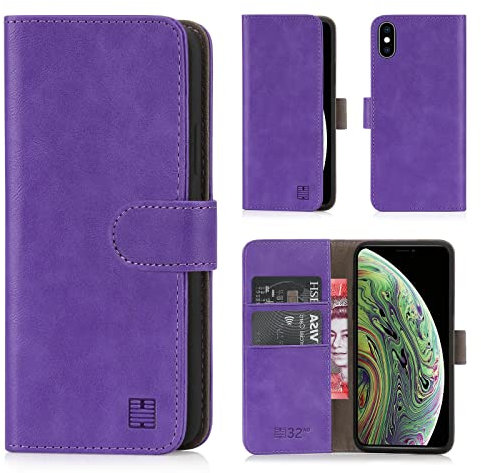 32nd Book Wallet PU Leather Flip Case Cover For Apple iPhone X & iPhone XS, Design With Card Slot and Magnetic Closure - Purple