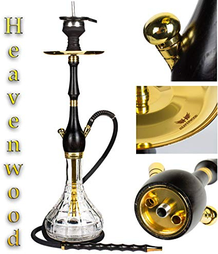 Heavenwood© Holz Shisha Set Edelstahl schwarz 65cm Hookah V2A Komplettset in Gold | Wasserpfeife Closed Chamber Silikonschlauch Holzmundstück Steinkopf