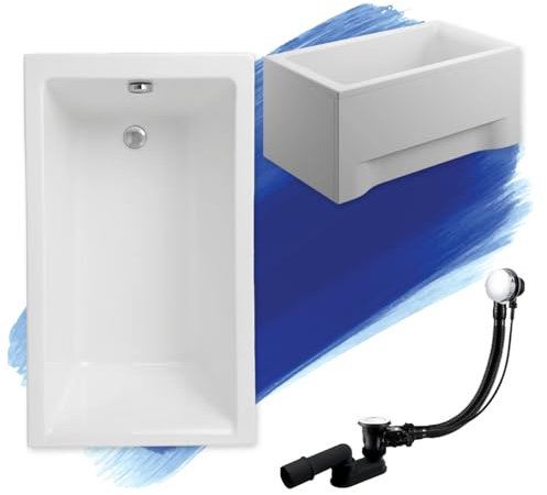 BADLAND Badewanne Original Weiß Acryl Wanne Rechteck CAPRI 100x70 KOMPLETTSET SET mit Weiß Acrylschürze + Füßen und Exklusive Chrom Automatik Ablaufgarnitur Made in EU 4in1