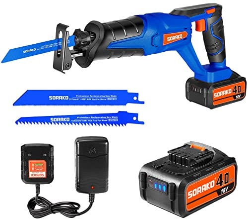 SORAKO Sega a Gattuccio a Batteria, 4.0-Ah Batteria e Caricatore, Velocità Variabile 0-3000spm, 18V Sega a Batteria per Legno, Taglio di Rami, Potatura, Metallo