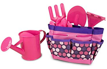 Juego de Herramientas de Jardinería para Niños, Incluye Regadera, Guantes de Jardinería, Pala, Rastrillo, Tenedor, Bolsa de Tela Herramientas de Jardinería Pequeñas para Niños y Niñas,Rosado