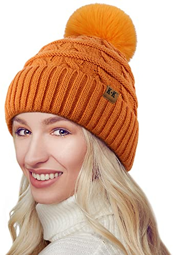 BLURBE Wintermützen für Damen – Warme Strickmütze mit Bommel, Fleecefutter, Thermo-Beanie-Mützen, weiche Ski-Manschettenmütze für Damen mit Bommel