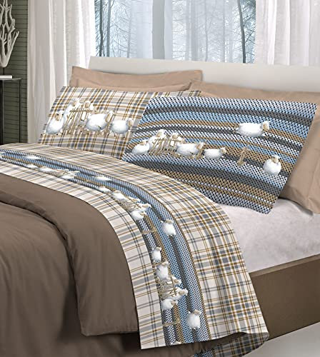 HomeLife Parure de Lit Flanelle 90x190 Coton Made in Italy | Linge de lit Flanelle avec Drap Plat 1 Personne Coton, Drap Housse Flanelle 90x190 avec Coins, 1 Taie Oreiller | Moutons - Beige