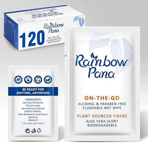 RainbowPana Flushable Wipes - 120 Count, ON-THE-GO Individually Wrapped - Travel Butt Wipes for Men and Women, Family - Infused with Vitamin E and Natural Aloe, pH Balanced, Paraben/Fragrance/Alcohol
