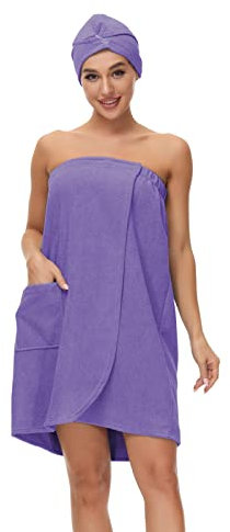 Verve Jelly Women Bath Wrap Towel Cover Up for Shower Super Soft Lightweight Robe with Hair Towel Light Purple S