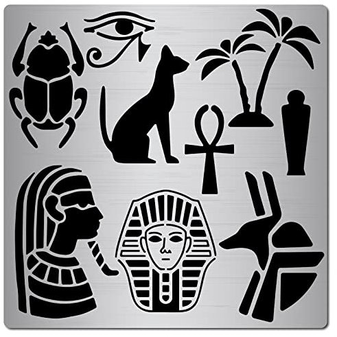 GORGECRAFT 16x16 cm Ägyptische Symbol-Schablone Aus Metall, Edelstahl, Tier-Hieroglyphen-Schablonen, Ausschnitte, Wiederverwendbare Schablone Zum Malen von Katzen, Holzverbrennung, Brandmalerei