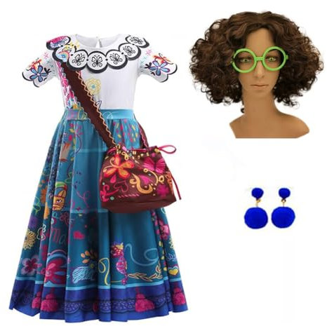 Yigoo Encanto Kostüm Mädchen Mirabel Madrigal Prinzessin Kinder Outfit Karneval Party Halloween Fest Weihnachten Verkleidung mit Tasche Perücke Brille Ohrring 140