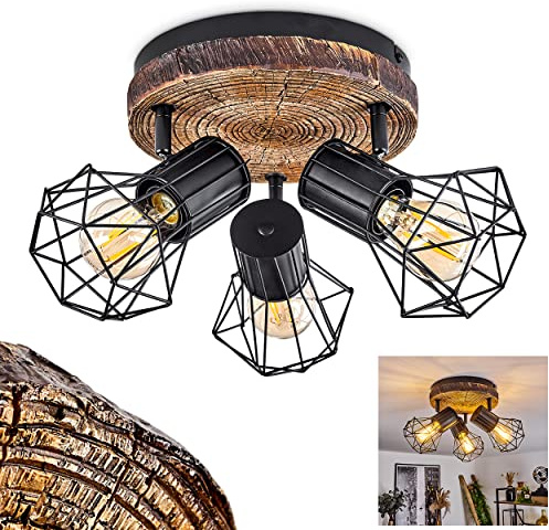 HOFSTEIN Deckenleuchte Bardhaman, verstellbare Deckenlampe aus Metall in Schwarz/Holzoptik, Leuchte im Industrial/Retro/Vintage-Design mit Lichteffekt, 3 x E27, Wohnzimmer, Esszimmer, Schlafzimmer
