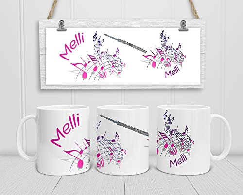 Personalisierte Musiker-Tasse. Kaffeetasse mit Noten, Querflöte und mit Namen. (Pinktöne)