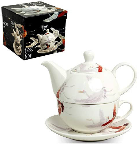 Luxe - Théière - 3 pièces - Tea for one - Service à thé japonais - Grue - 100% Porcelaine - Fabriqué à la main - Théière à double paroi