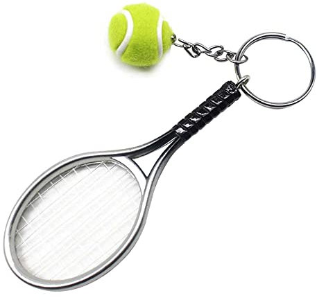 RIXERKOC Mini Tennisschläger Schlüsselanhänger mit Schlüsselring, Neuheit und modische Legierung Tennisball Split Ring Schlüsselhalter für Sportliebhaber Team.(Silber)