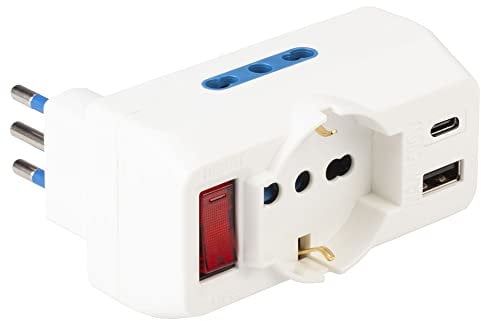 Poly Pool PP2389 Adattatore MULTISIZE Spina 10A 3 Prese Pluristandard 10/16 A Italiana Tedesca 2 Prese USB Interruttore Sicurezza Bianco