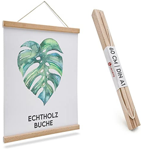 LIKARTO Premium-Posterleiste Holz Buche A1 | 60 cm - Hochwertige magnetische Bilderleiste aus Echtholz inklusive Lederband - Einfaches Bilder aufhängen