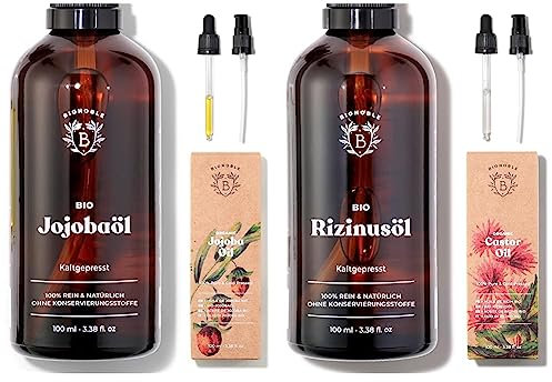Bionoble Jojobaöl Bio 100ml - 100% Rein, Natürlich und Kaltgepresst - Gesicht & Rizinusöl Bio 100ml - 100% Rein, Natürlich und Kaltgepresst - Wimpern