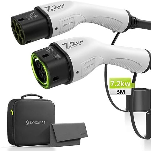 SYNCWIRE Type 2 Charging Cable 7.2kW 3m 32A 1 Phase - Mode 3 Type 2 to Type 2 EV Charging Cable for EV & PHEV for Model S/X/Y/3, ID.3, ID.4, ID.5, E-Tron, e-208, I4, IX1, Kona, XC40, ENYAQ, Zoe etc