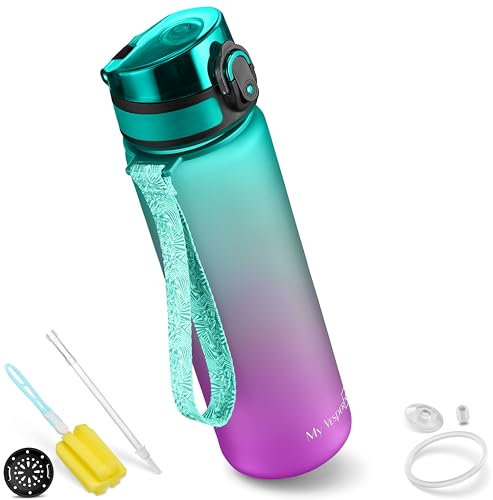 My Vesperbox Minny Botella infantil a prueba de fugas de 350, 500 o 750 ml, con pajita o colador. Botella de agua ligera de Tritan, sin bisfenol A, para guardería, escuela (750 ml, lila-verde)