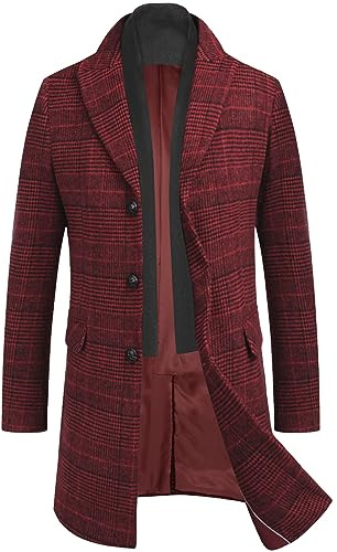 COOFANDY Herren Mantel Wintermantel Slim Fit Business Winterjacke Warmer Trenchcoat Jacken Herrenmantel mit Abnehmbaren Karierten Schals Kariert-Rot L