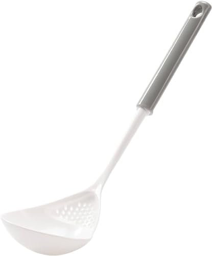 2 in 1 Long Handle Soup Spoons Reusable, Asian Soup Spoon Plastic Heavy Duty, Slotted Spoon Small, Slotted Spoons for Cooking White Grey