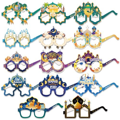 HOWAF 14 Eid Mubarak Lunettes pour Decoration Aid Moubarak, Étoile Lune Lanterne Mosquée Lunettes en Papier Accessoires Photobooth pour Adultes Enfants Islamique Musulman Party Ramadan Décoration
