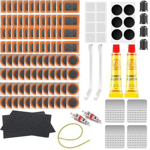 XUSSMM Fahrrad Flickzeug Set, 128 Stück Fahrrad Reparaturset mit 14 Selbstklebenden Flicken, Metall-Reifenheber, Tragbare Aufbewahrungsbox für Fahrrad Motorräder Aufblasbare Gummireifen