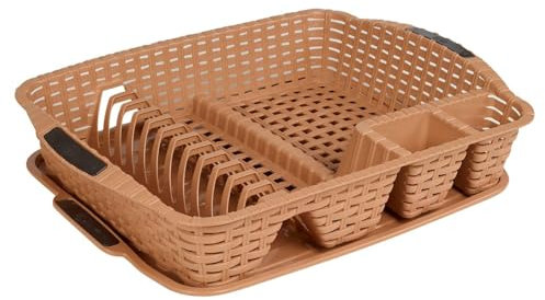 URBNLIVING Dish Drainer Drying Rack & Utensil Holder with Matching Drip Tray Rattan Style