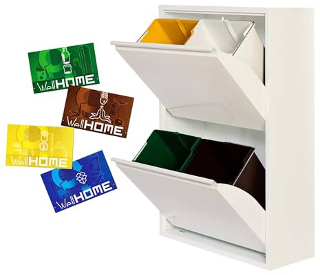 WELL HOME - Cubo de basura y reciclaje Metálico de 4 compartimentos + 4 etiquetas magnéticas, 4x17L (68L) Blanco mate