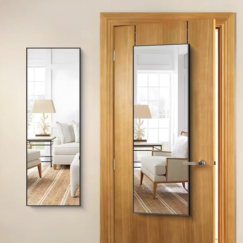 COFENY Türspiegel zum Einhängen, Höhenverstellbarer Ganzkörperspiegel mit Haken 105 × 35 cm, Rechteckiger Türspiegel Schwarzem Rahmen mit Rechtwinkliger Ecken für Schlafzimmer, Wohnzimmer