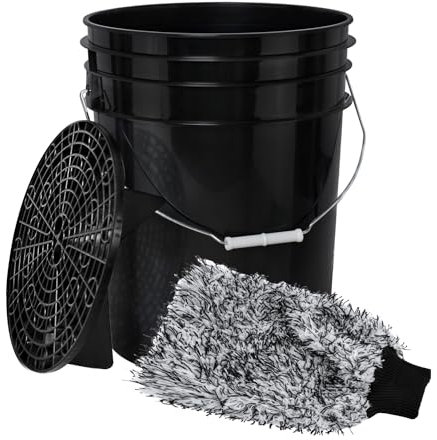BenBow - Autowasch-Set: Wascheimer 20 Liter mit Schmutzsieb und Auto-Waschhandschuh - stabil luftdicht auslaufsicher - Vorratsbehälter für Aufbewahrung aus Kunststoff mit Metall-Henkel - zur Hause
