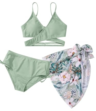 Girls Swimsuits Bikini Set 3 Pieces Swimsuit Criss Cross Bathing Suit Girls' Swimwear with Cover Up 2 Pieces Swimming Set for Girls 9 10 11 12 13 Years