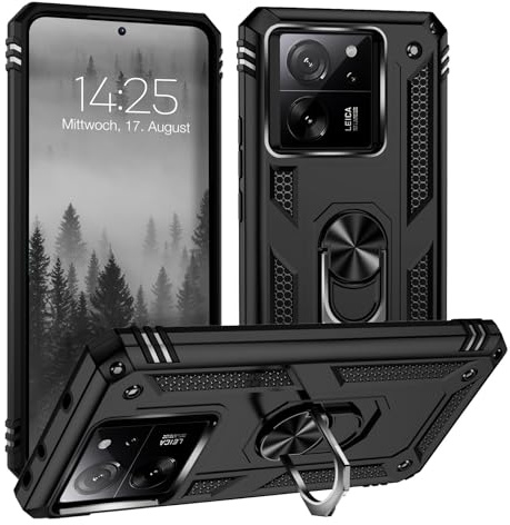 LBH Outdoor Hülle für Xiaomi 13T / 13T Pro Armor Militär Stoßfest Handyhülle 360 Grad Metal Ring Halter Ständer Schutzhülle für Handyhalterung Auto Magnet Schwarz