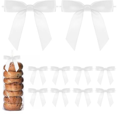 Andibro 50 Stück Satinband Twist Tie Schleifen,7 cm Weiß Vorgebundene Bastelschleifen,Paket Dekoration Schleife für DIY Leckerli-Tüten Pakete Basteln Hochzeit Babyparty Brithday Party