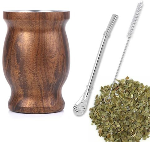 sinzau Mate Becher, Mate Tee Set, Mit Strohhalmlöffel und Reinigungsbürste, 230ml Mate Gourd Set für Mate Tee, Kaffee, Milch und Saft (Farbe der Holzmaserung)