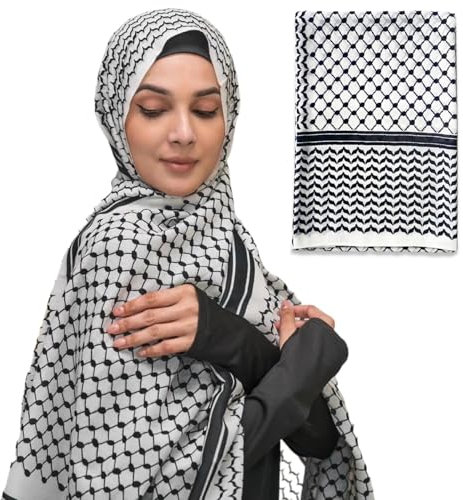 Palästina -Schal Keffiyeh, 28x71in Chiffon Palästina -Schal, klassischer schwarz -weißer Plaid Keffiyeh Palästinensischer Schal mit feiner Kante für Frauen und Männer, die Lange gedrucktem arabi