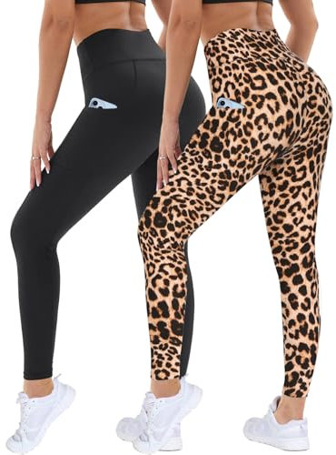 DDOBB 2er Pack Sport Leggings Damen High Waist Sportleggins Damen Lang Mit Taschen Gym Leggins Blickdicht Schwarz Sporthose Elastische Bauchweg Yogahose Fitness Laufhose(Leopard+Schwarz,S-M)