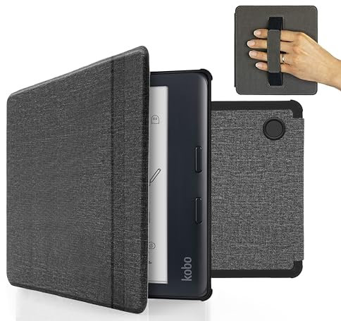MyGadget Housse pour Kobo Libra Colour 2024 | Libra 2 2021 - Etui Nylon Poignée élastique - Flip Case Tissu - Cover Gris Clair