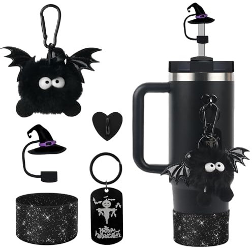 BELSITA Halloween Accessories Set - Black Cartoon Devil Witch Hat Straw Cap Design Water Bottle Decoration, Silicone Stanley Cup Boot, Stanley Charms for 30/40oz Tumble