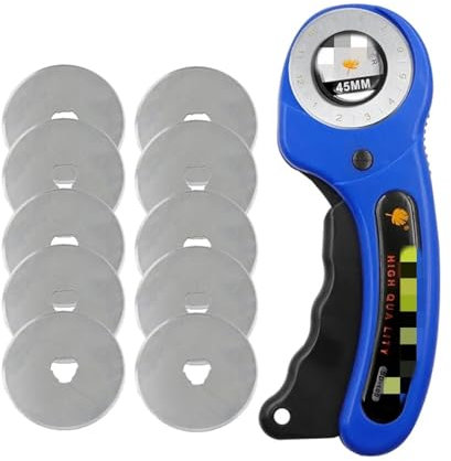 HEXHUASR Cutter Rotatif de 45 mm for Maroquinerie, Outil de découpe du Cuir, Couteau à Lame Circulaire for Tissu Artisanal en Cuir, Bricolage, Patchwork, Couture, matelassage(Cutter with 10 blade-03)