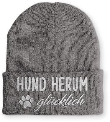 tshirtladen Beanie Hund Herum glücklich Wintermütze Mütze mit lustigem Spruch, Farbe: Grau