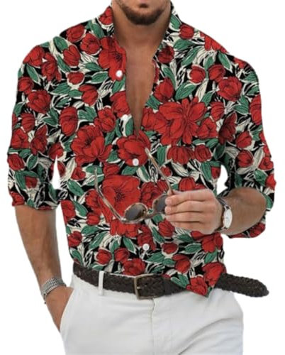 Druck Shirt Herren Digitales Drucken Knopfleiste Longsleeve Hemd Herren Mode Farbabstimmung Revers Shirt Herren Urlaub Sandstrand Casual Shirt Herren A-02 4XL