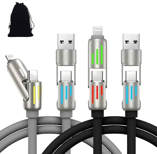 nnOuOnn 4 in 1 Charging Cable Fast Charged, 2PCS 240W Multi Usb Charger Cables with Breathing Light, 3.2 FT Suitable for Mobile Phones and Laptops iPad (Black + Gray, 3.2FT)