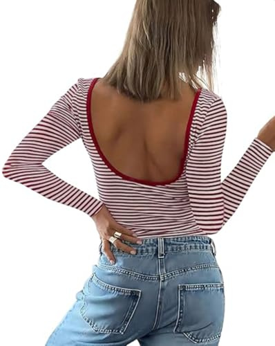 Lancifolium Backless Long Sleeve Ringer T-Shirt Women 2025 Y2k Striped Boat Neck Knit Going Out Crop Tops, Red and White Striped, L