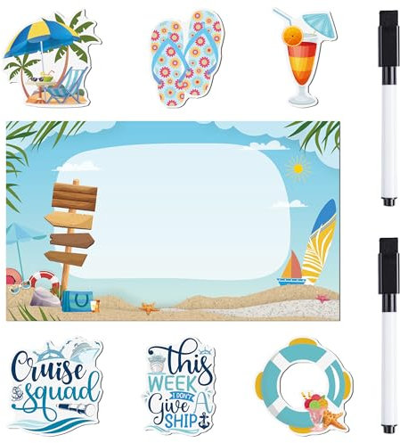 Cruise Door Magnets Decorations, 7PCS Beach Vacation Cruise Magnets, Cruising Essentials Customizable Magnetic Ship Cabin Door Signs Fridge Decor, with 2PCS Pens
