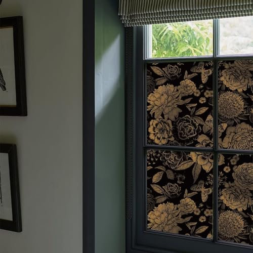 ChicSkin Fensterfolie schwarz, Golden Blume verdunkelungsfolie Fenster, milchglasfolie fensterfolie Sonnenschutz, fensterfolie Blickdicht, Geeignet für Wohnzimmer, Küche, Schlafzimmer, Bad 43×200cm